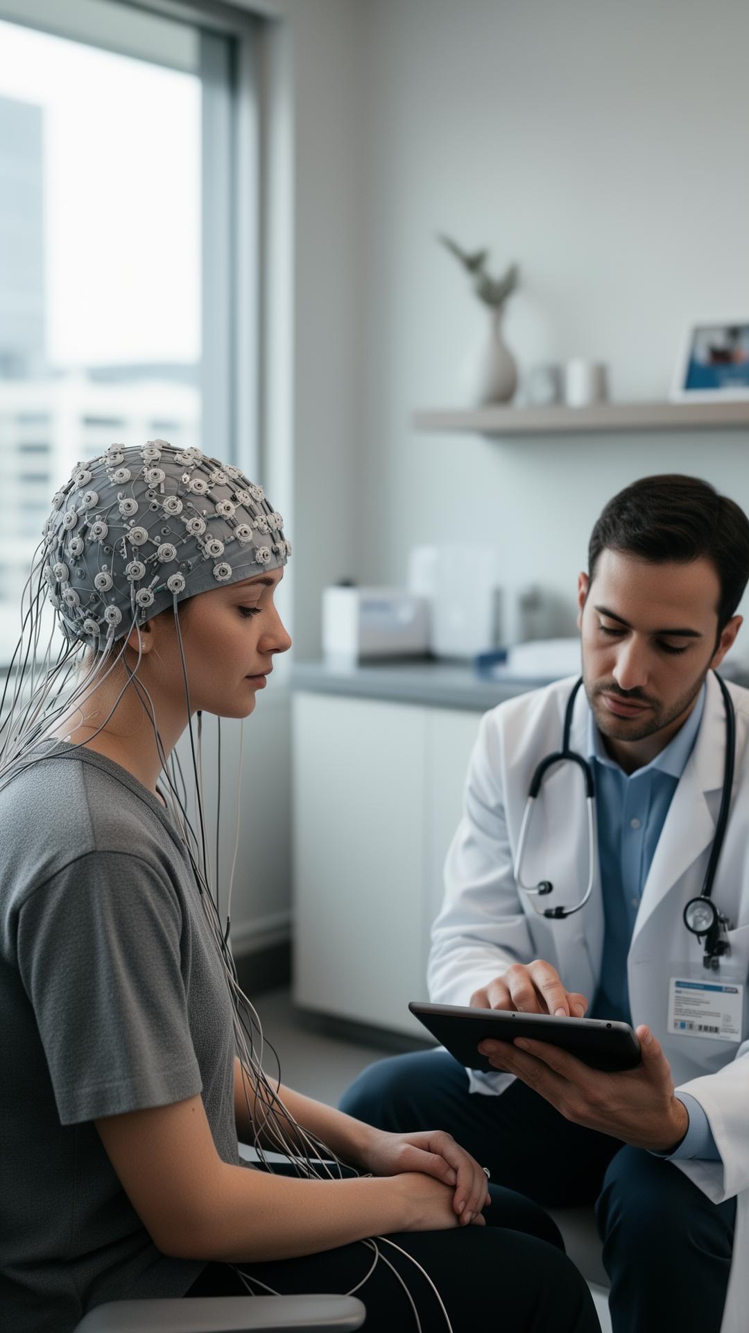 Patient wearing a QEEG cap during a clinical neurodiagnostic assessment — EEG-based brain function assessment used in traumatic brain injury testing in Dallas